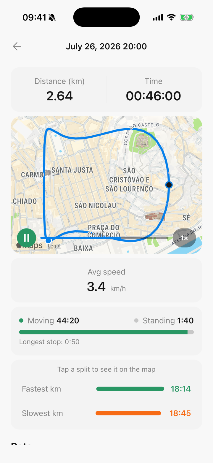 Walking history in Pet Walker: a list of past walks with distance and duration