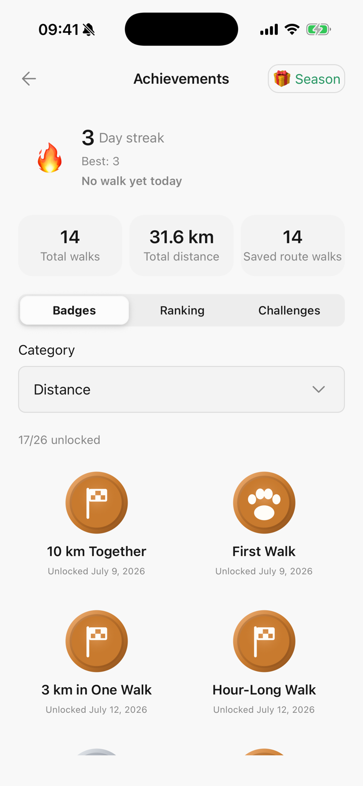 The pet passport in Pet Walker showing level, badges and Paw Coins