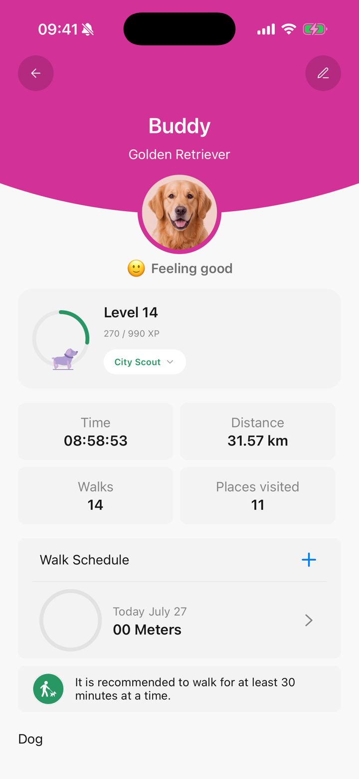 A pet profile in Pet Walker showing level, title and lifetime walking stats