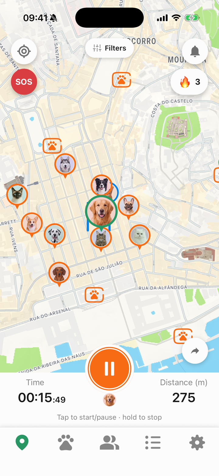 A recorded walk route on the map with distance and duration